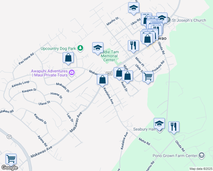 map of restaurants, bars, coffee shops, grocery stores, and more near 21 Kealaloa Avenue in Makawao