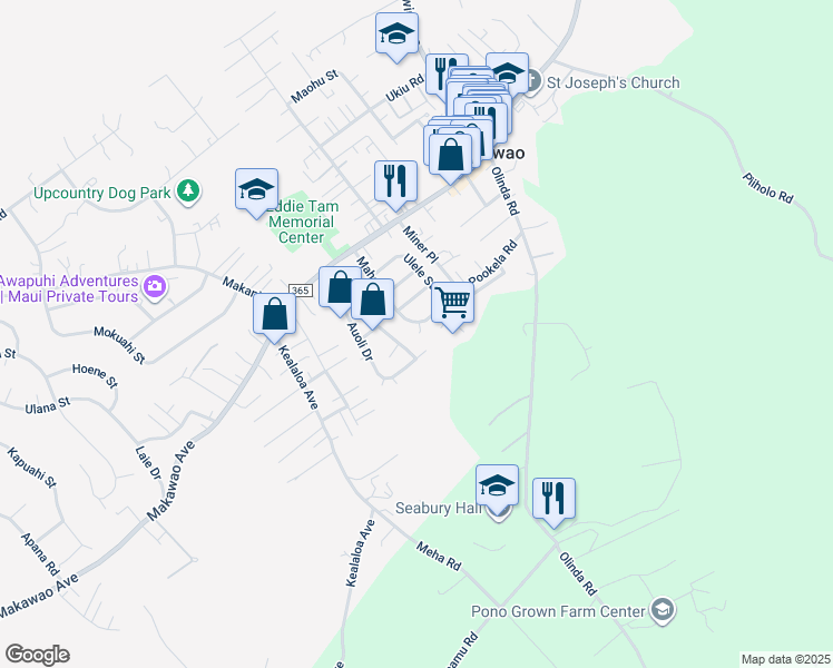map of restaurants, bars, coffee shops, grocery stores, and more near 132 Mahola Street in Makawao
