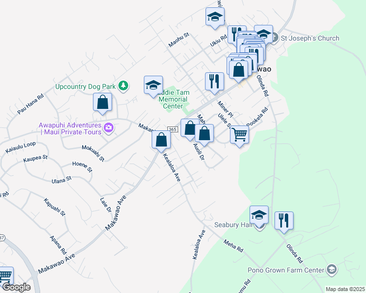map of restaurants, bars, coffee shops, grocery stores, and more near 55 Pamakani Place in Makawao