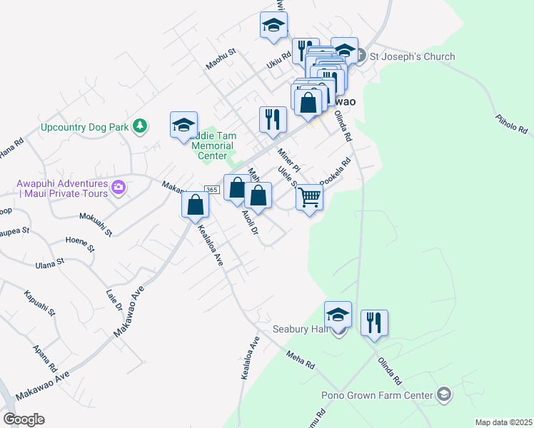 map of restaurants, bars, coffee shops, grocery stores, and more near 69 Hoolai Street in Makawao