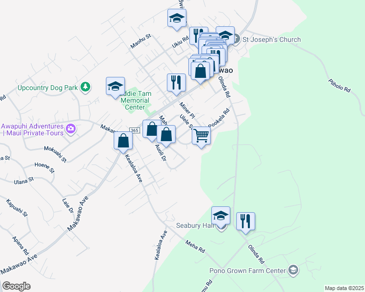 map of restaurants, bars, coffee shops, grocery stores, and more near 124 Mahola Street in Makawao