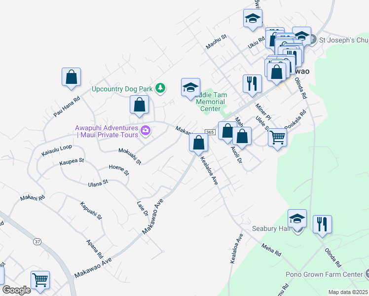 map of restaurants, bars, coffee shops, grocery stores, and more near 40 Moolelo Place in Makawao