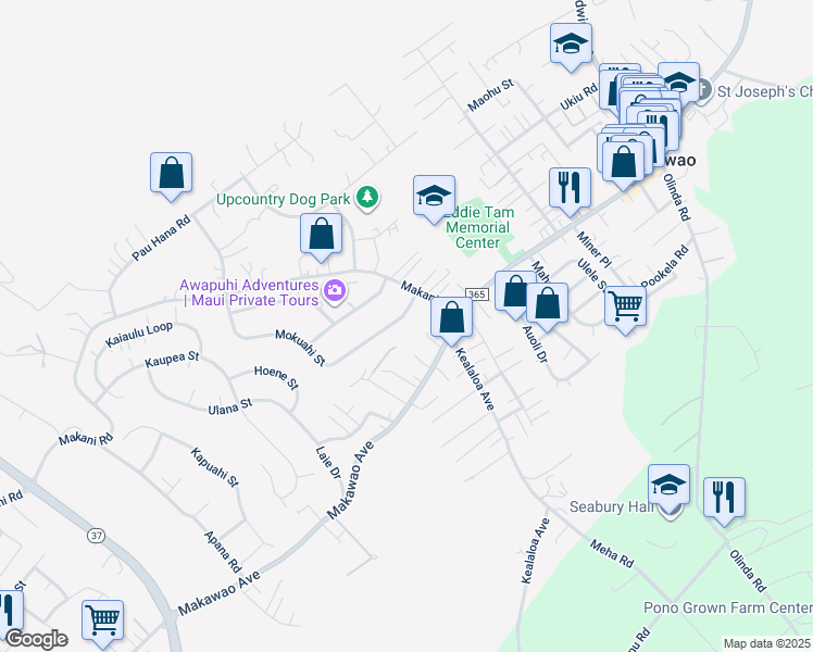 map of restaurants, bars, coffee shops, grocery stores, and more near 360 Mokuahi Street in Makawao