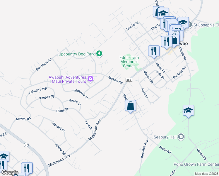 map of restaurants, bars, coffee shops, grocery stores, and more near 360 Mokuahi Street in Makawao