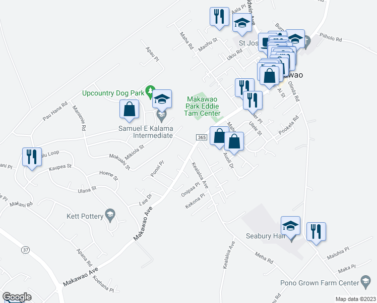 map of restaurants, bars, coffee shops, grocery stores, and more near 815 Makawao Avenue in Makawao