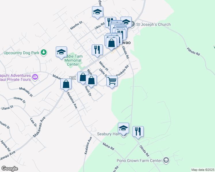 map of restaurants, bars, coffee shops, grocery stores, and more near 148 Mahola Street in Makawao