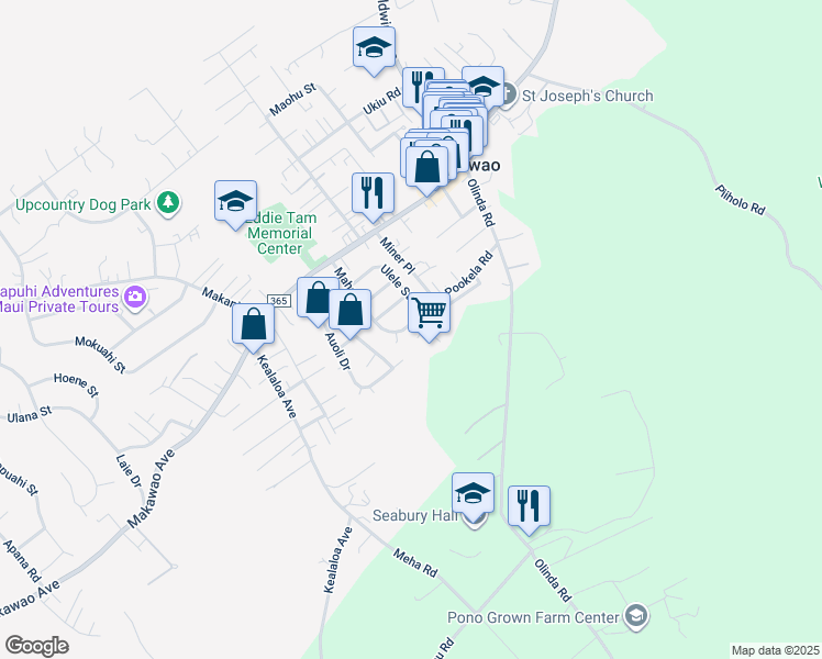 map of restaurants, bars, coffee shops, grocery stores, and more near 148 Mahola Street in Makawao