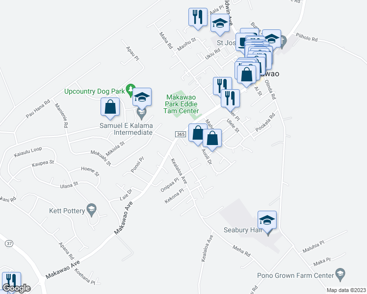 map of restaurants, bars, coffee shops, grocery stores, and more near 32 Pakani Place in Makawao