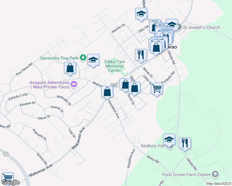 map of restaurants, bars, coffee shops, grocery stores, and more near 32 Pakani Place in Makawao