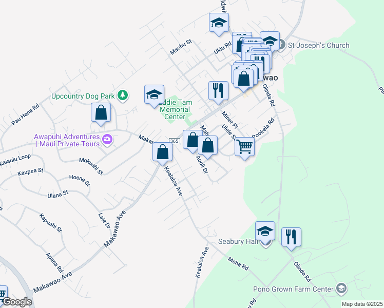 map of restaurants, bars, coffee shops, grocery stores, and more near 72 Auoli Drive in Makawao