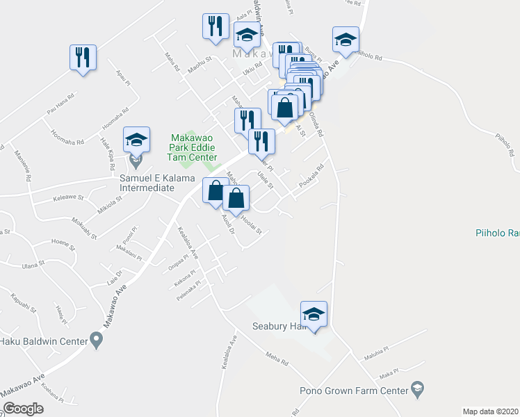 map of restaurants, bars, coffee shops, grocery stores, and more near 115 Mahola Street in Makawao