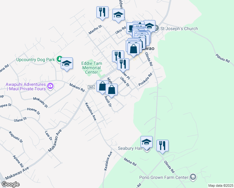 map of restaurants, bars, coffee shops, grocery stores, and more near 98 Mahola Street in Makawao