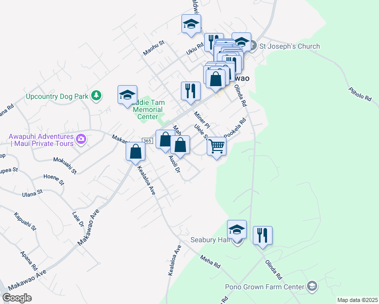 map of restaurants, bars, coffee shops, grocery stores, and more near 98 Mahola Street in Makawao