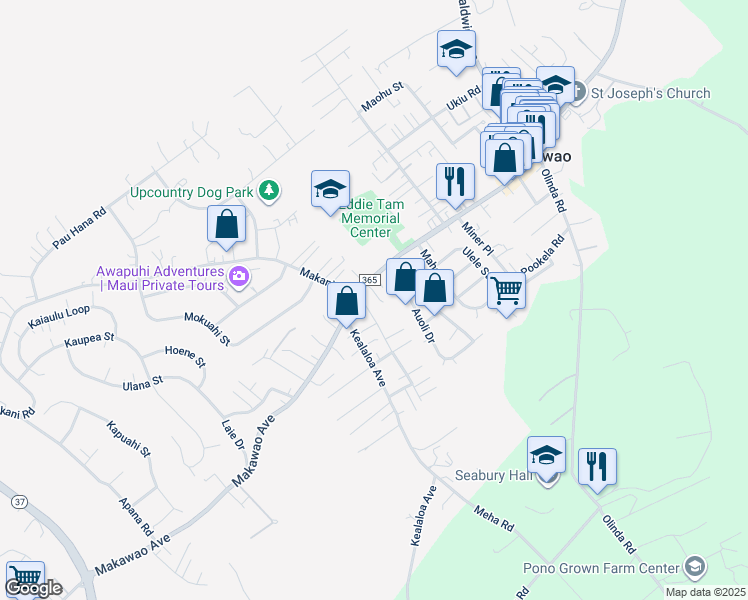 map of restaurants, bars, coffee shops, grocery stores, and more near 32 Pakani Place in Makawao