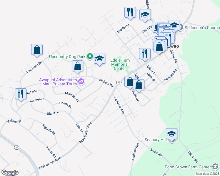 map of restaurants, bars, coffee shops, grocery stores, and more near 21 Makani Road in Makawao