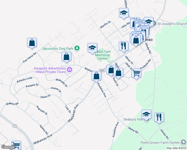 map of restaurants, bars, coffee shops, grocery stores, and more near 21 Makani Road in Makawao