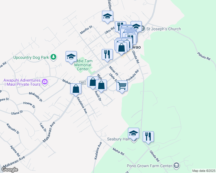 map of restaurants, bars, coffee shops, grocery stores, and more near 89 Mahola Street in Makawao