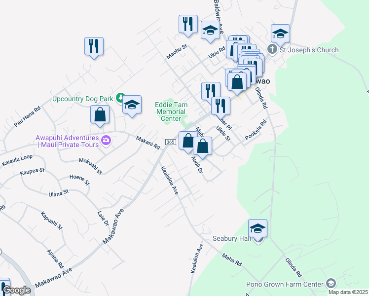 map of restaurants, bars, coffee shops, grocery stores, and more near 11 Keola Place in Makawao