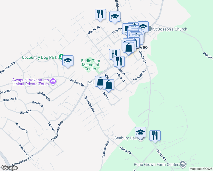 map of restaurants, bars, coffee shops, grocery stores, and more near 20 Ahina Place in Makawao