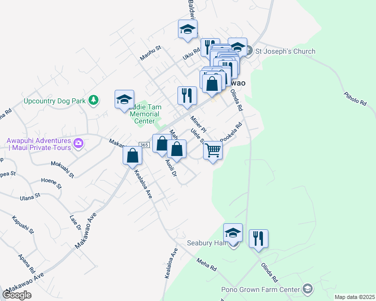 map of restaurants, bars, coffee shops, grocery stores, and more near 89 Mahola Street in Makawao