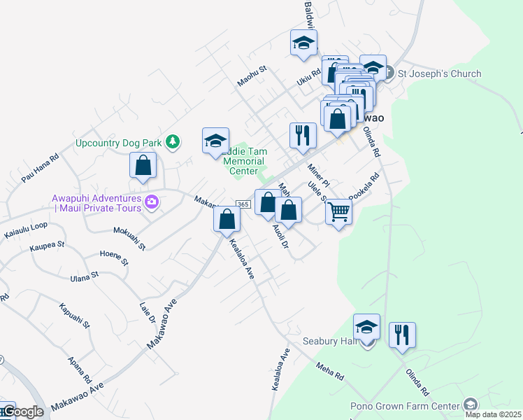 map of restaurants, bars, coffee shops, grocery stores, and more near 11 Keola Place in Makawao