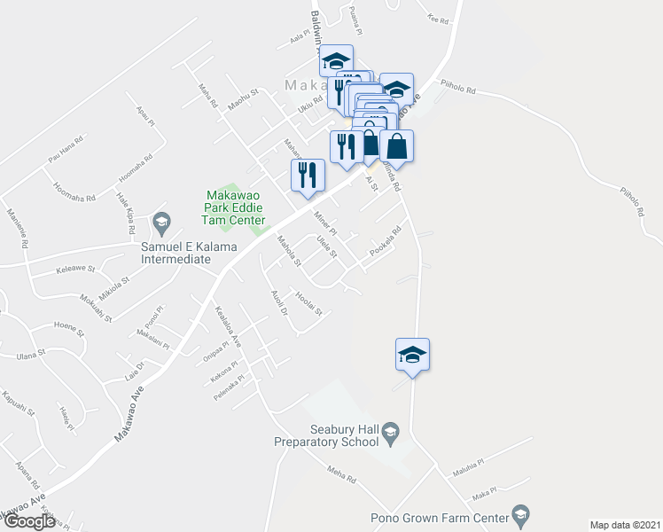 map of restaurants, bars, coffee shops, grocery stores, and more near 1012 Hiehie Street in Makawao