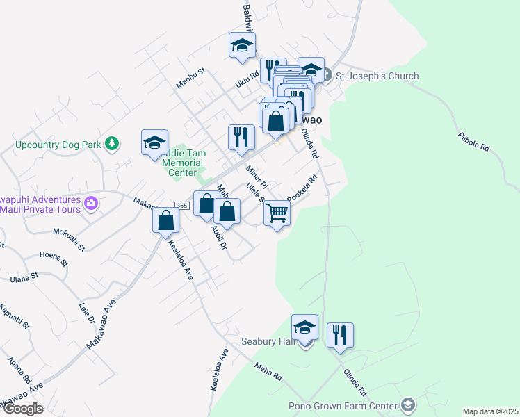 map of restaurants, bars, coffee shops, grocery stores, and more near 1012 Hiehie Street in Makawao