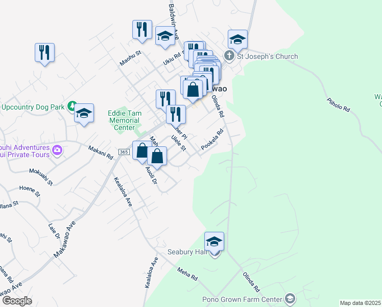 map of restaurants, bars, coffee shops, grocery stores, and more near 1091 Ulele Street in Makawao