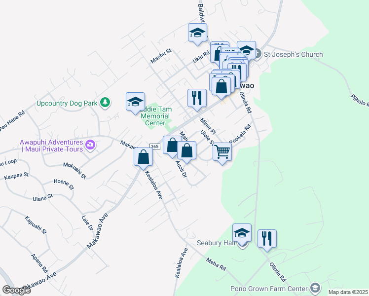 map of restaurants, bars, coffee shops, grocery stores, and more near 15 Ahina Place in Makawao
