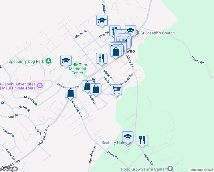 map of restaurants, bars, coffee shops, grocery stores, and more near 1009 Hiehie Street in Makawao