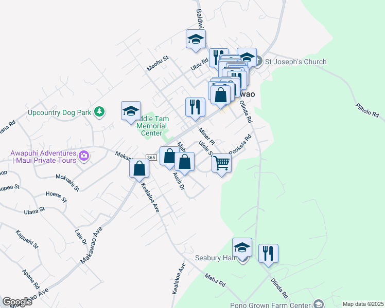 map of restaurants, bars, coffee shops, grocery stores, and more near 985 Alaea Street in Makawao