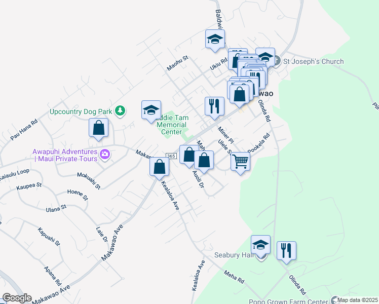 map of restaurants, bars, coffee shops, grocery stores, and more near 20 Keola Place in Makawao