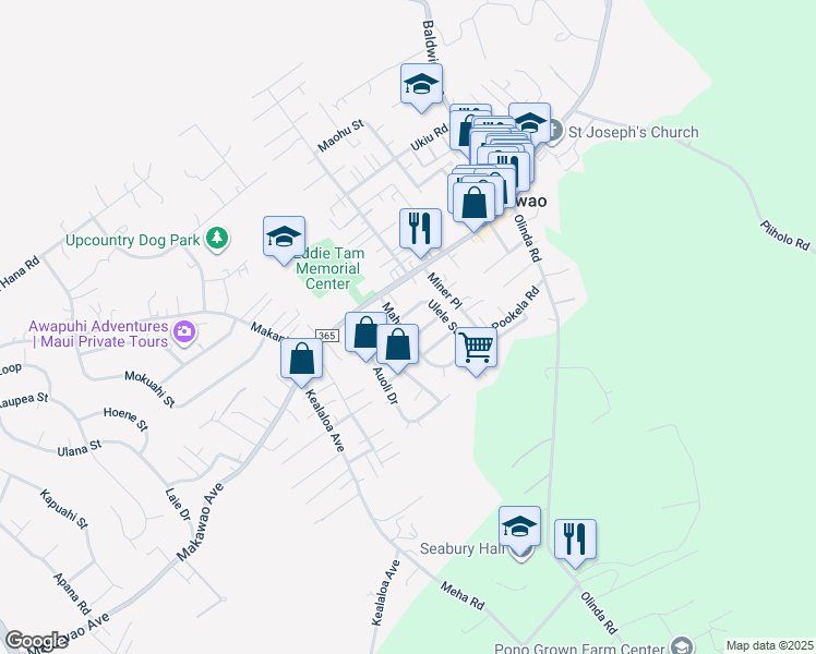 map of restaurants, bars, coffee shops, grocery stores, and more near 55 Mahola Street in Makawao