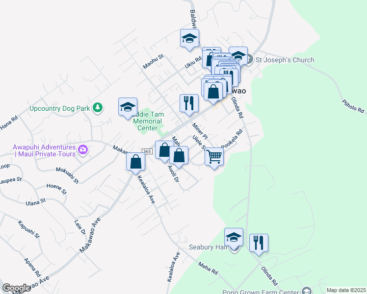 map of restaurants, bars, coffee shops, grocery stores, and more near 55 Mahola Street in Makawao