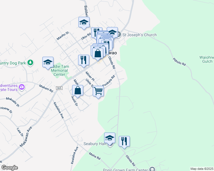 map of restaurants, bars, coffee shops, grocery stores, and more near 1074 Pookela Road in Makawao