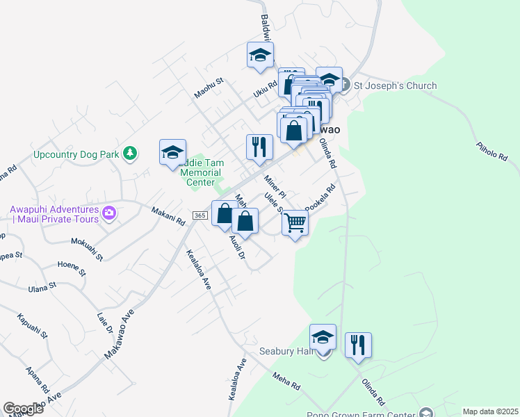 map of restaurants, bars, coffee shops, grocery stores, and more near 993 Alaea Street in Makawao