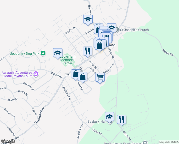map of restaurants, bars, coffee shops, grocery stores, and more near 1017 Alaea Street in Makawao