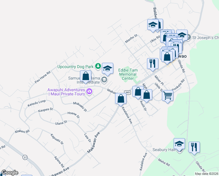 map of restaurants, bars, coffee shops, grocery stores, and more near 831 Pokole Place in Makawao