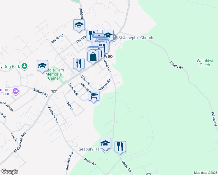 map of restaurants, bars, coffee shops, grocery stores, and more near 1102 Mole Place in Makawao
