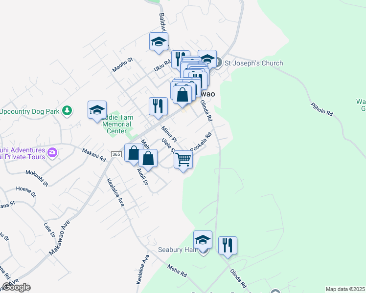 map of restaurants, bars, coffee shops, grocery stores, and more near 95 Miner Place in Makawao