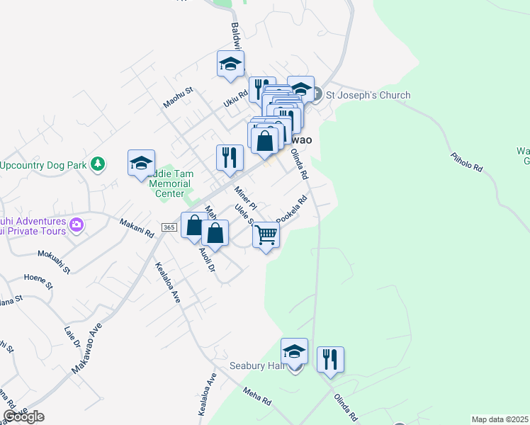 map of restaurants, bars, coffee shops, grocery stores, and more near 89 Miner Place in Makawao