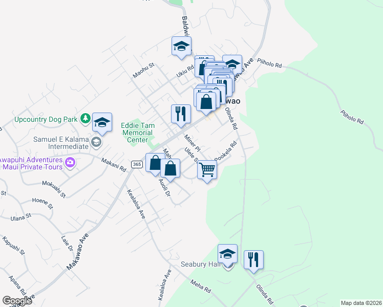 map of restaurants, bars, coffee shops, grocery stores, and more near Ulele St & Alaea St in Makawao