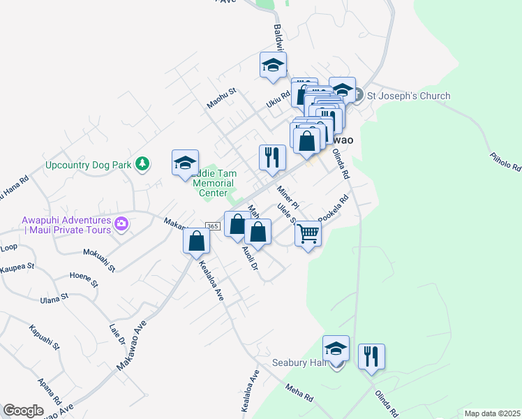 map of restaurants, bars, coffee shops, grocery stores, and more near 983 Ulele Street in Makawao