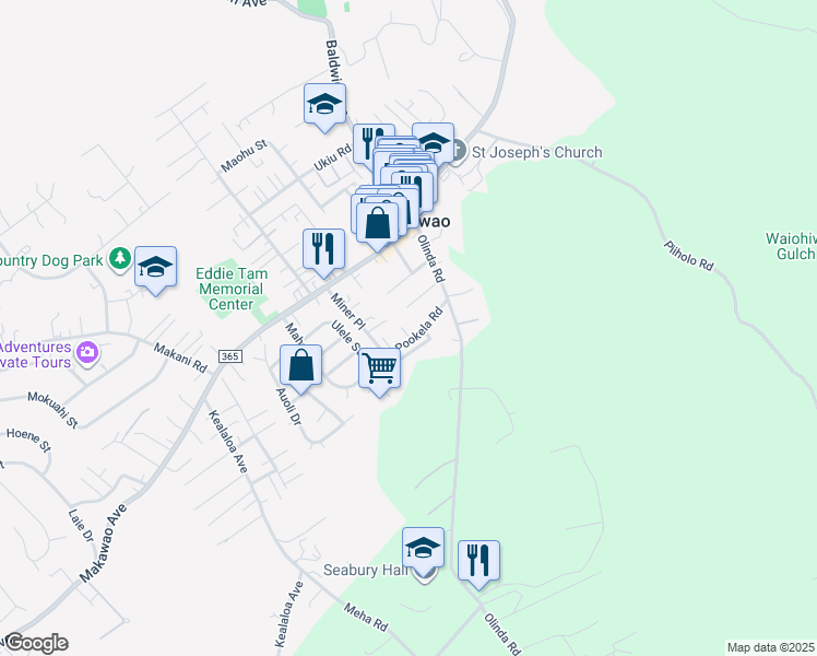 map of restaurants, bars, coffee shops, grocery stores, and more near 1087A Pookela Road in Makawao
