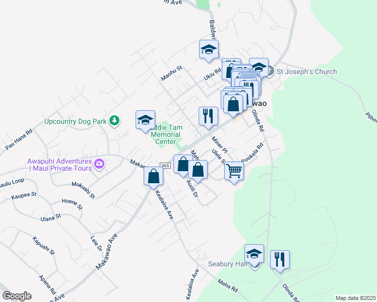map of restaurants, bars, coffee shops, grocery stores, and more near 6 Mahola Street in Makawao