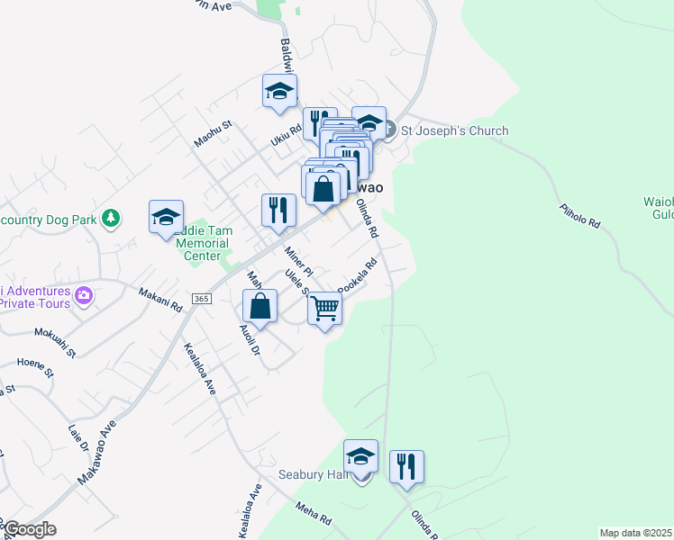 map of restaurants, bars, coffee shops, grocery stores, and more near 71 Miner Place in Makawao