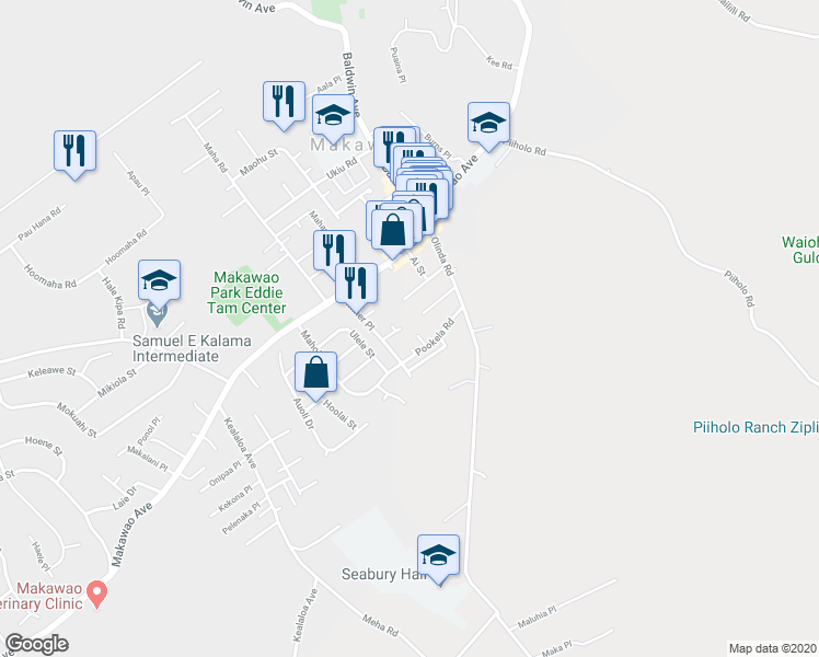 map of restaurants, bars, coffee shops, grocery stores, and more near 71 Miner Place in Makawao