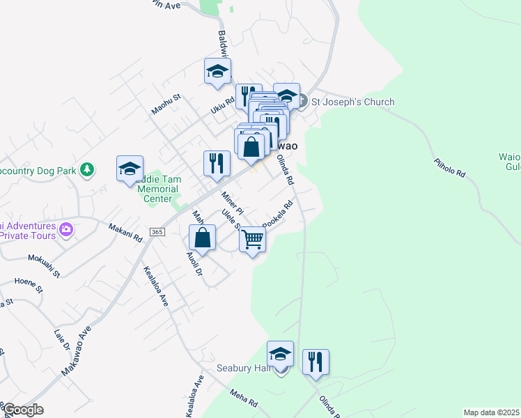 map of restaurants, bars, coffee shops, grocery stores, and more near 71 Miner Place in Makawao