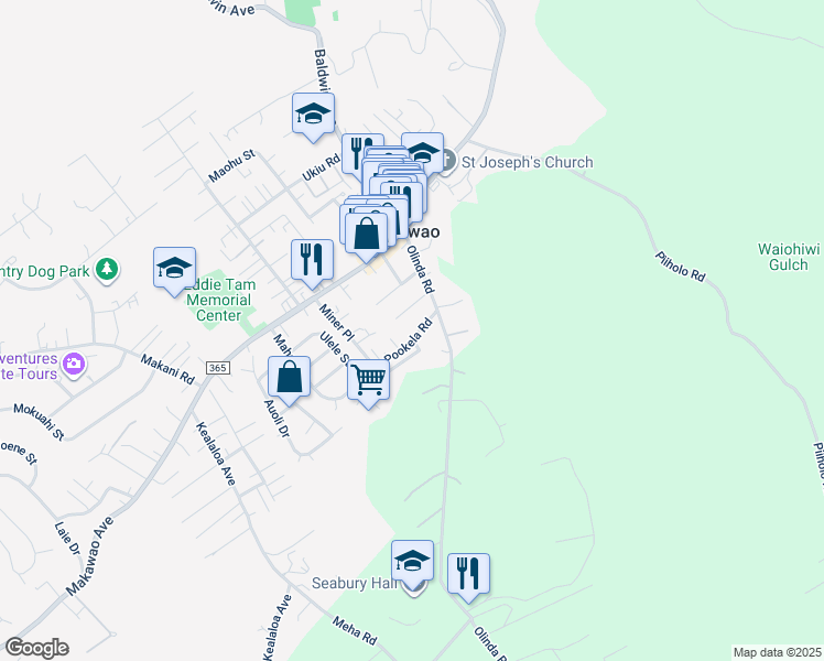 map of restaurants, bars, coffee shops, grocery stores, and more near 1115 Pookela Road in Makawao