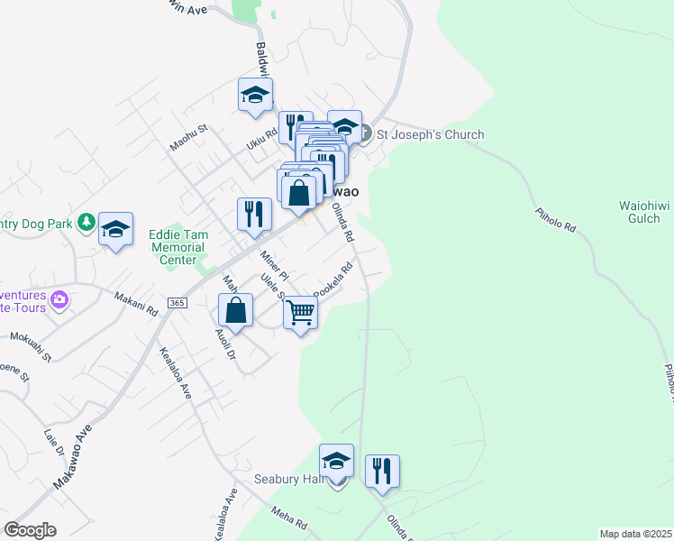 map of restaurants, bars, coffee shops, grocery stores, and more near 1109 Pookela Road in Makawao